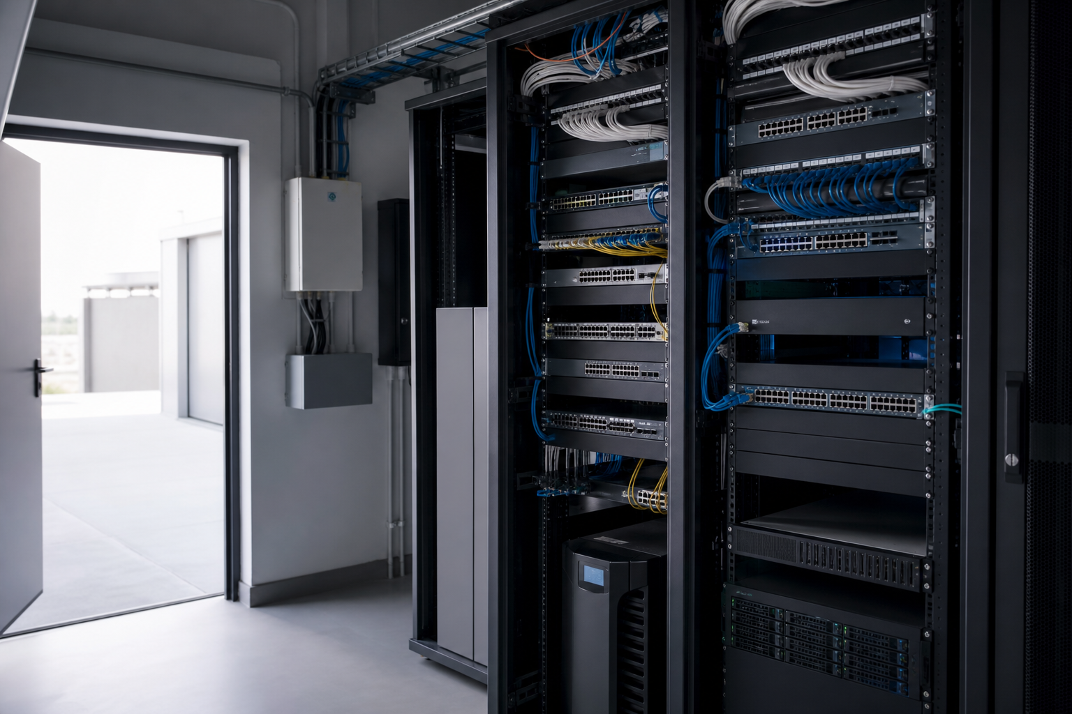 Baie réseau et équipements de connectivité préparés pour l’ouverture d’un nouveau site d’entreprise avec routeur, switch et alimentation secourue