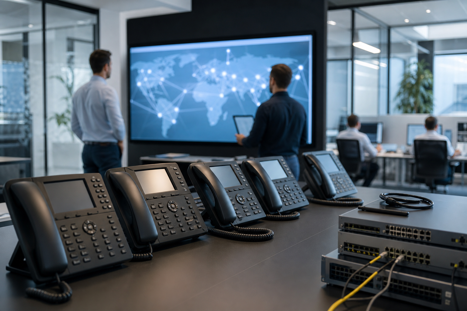 Postes téléphoniques d’entreprise et écran de supervision lors de la préparation d’une bascule de standard téléphonique sur plusieurs sites