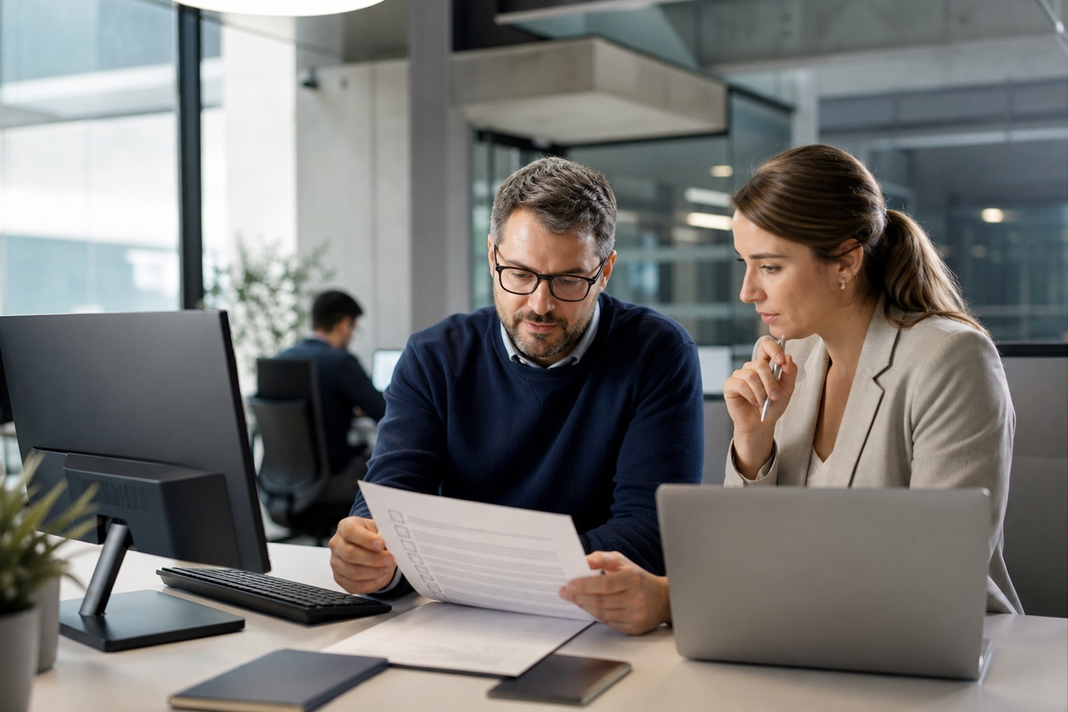 Responsable IT et manager vérifiant une check-list d’onboarding et de gestion des accès pour un nouveau collaborateur en environnement PME