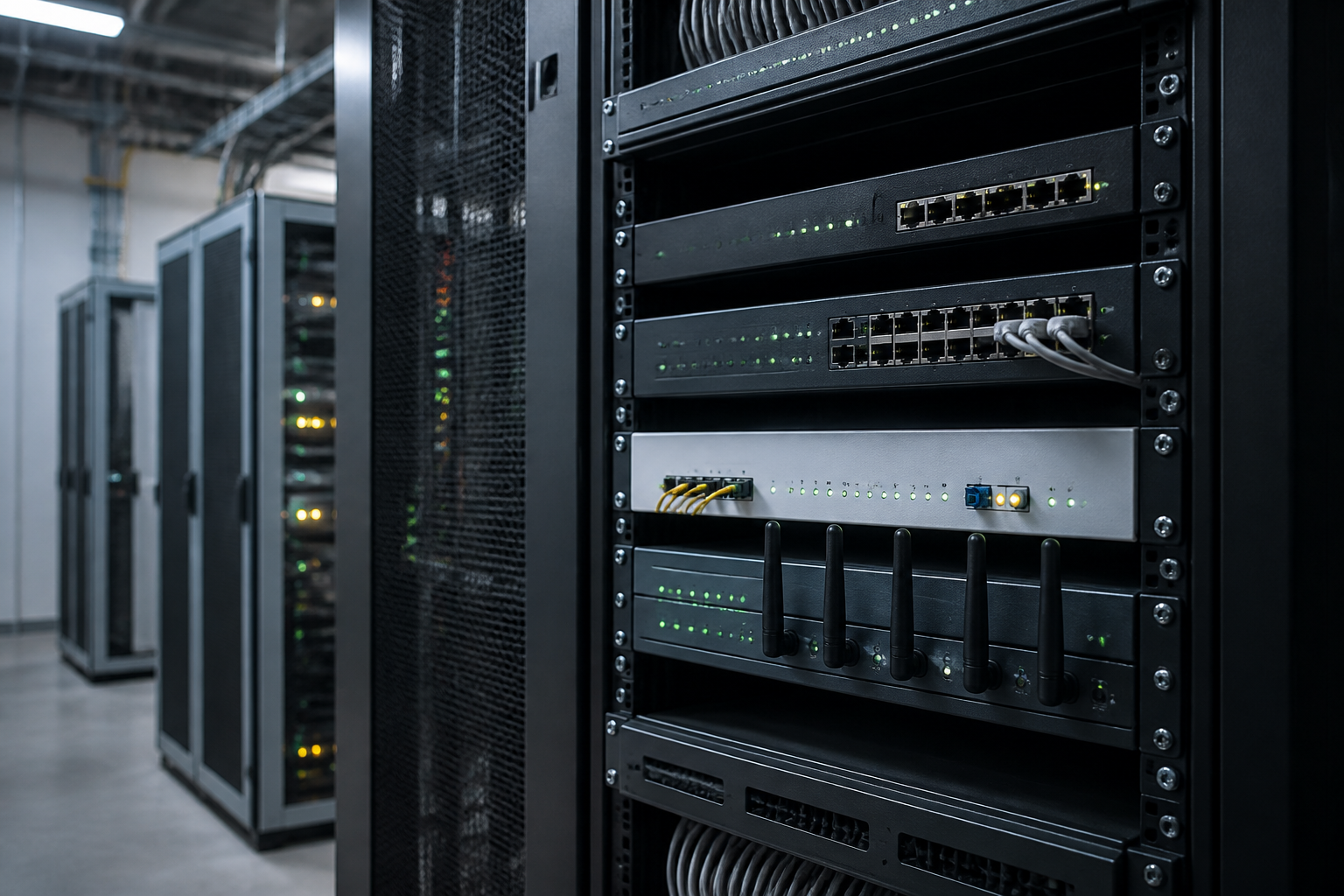Baie réseau entreprise avec routeur double accès fibre et secours 4G 5G pour bascule automatique et continuité d’activité