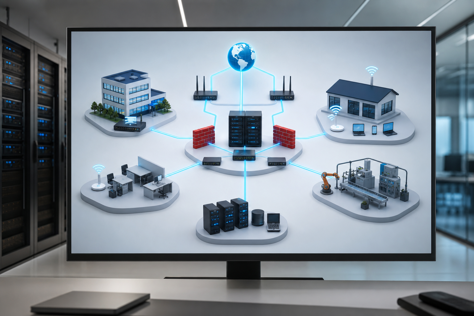 Architecture réseau segmentée avec sites distants, VPN, pare-feu et équipements métiers dans une entreprise multi-sites