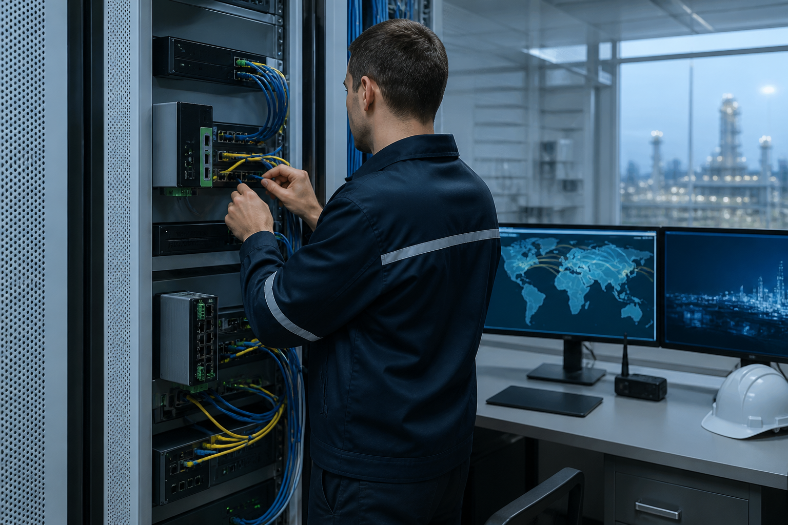 Technicien analysant la connectivité d’un site industriel distant avec routeur, supervision réseau et interconnexion VPN multi-sites