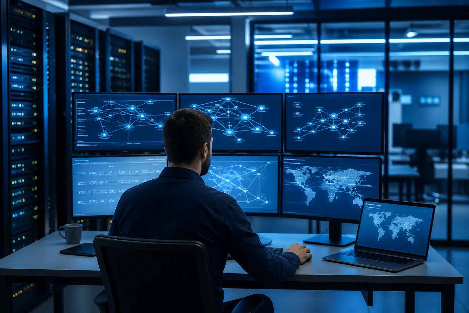 Technicien réseau supervisant une infrastructure multi-sites avec segmentation VLAN, interconnexion sécurisée et accès distant VPN