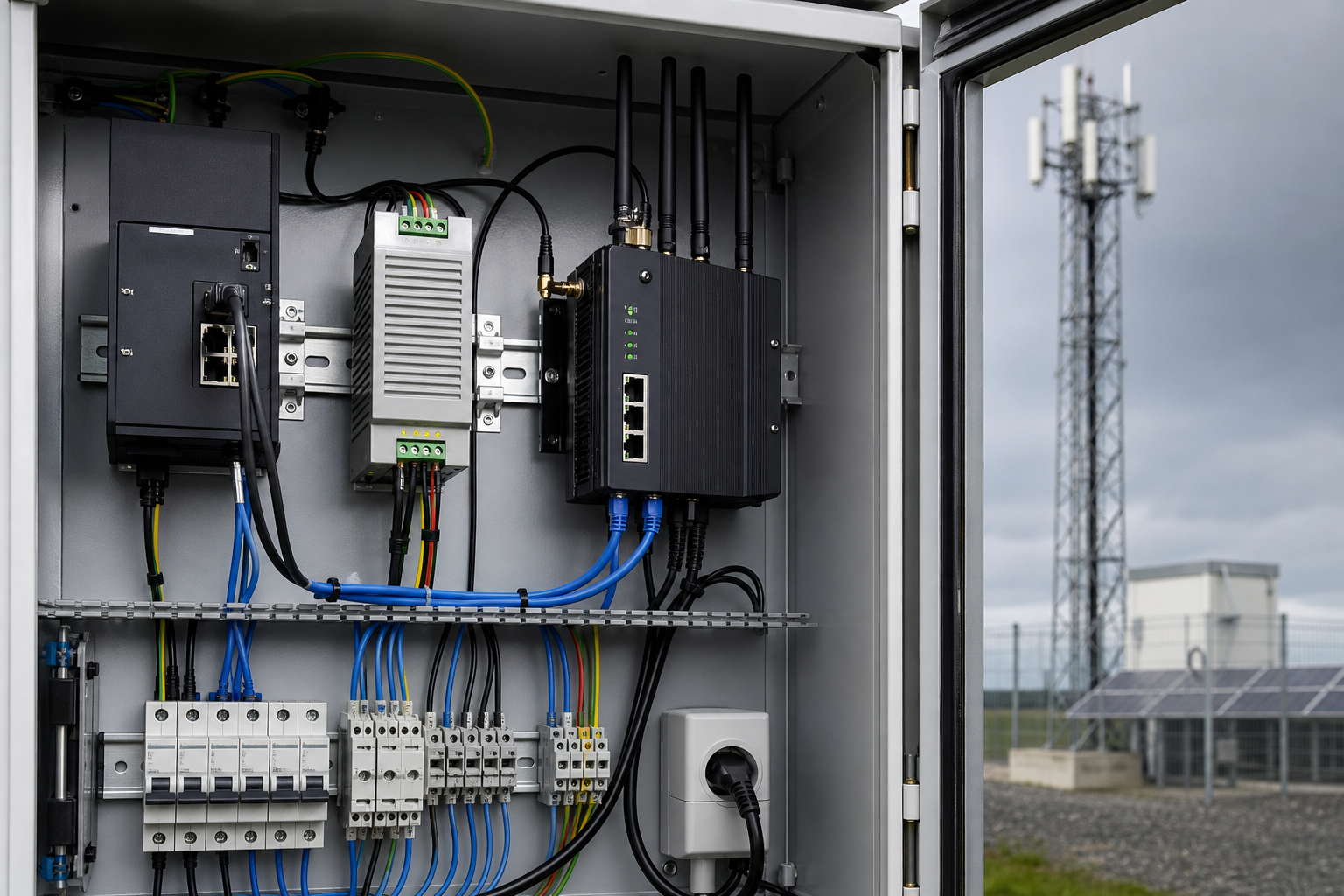 Routeur 4G industriel installé dans une armoire technique sur un site distant avec antennes et équipements réseau de supervision