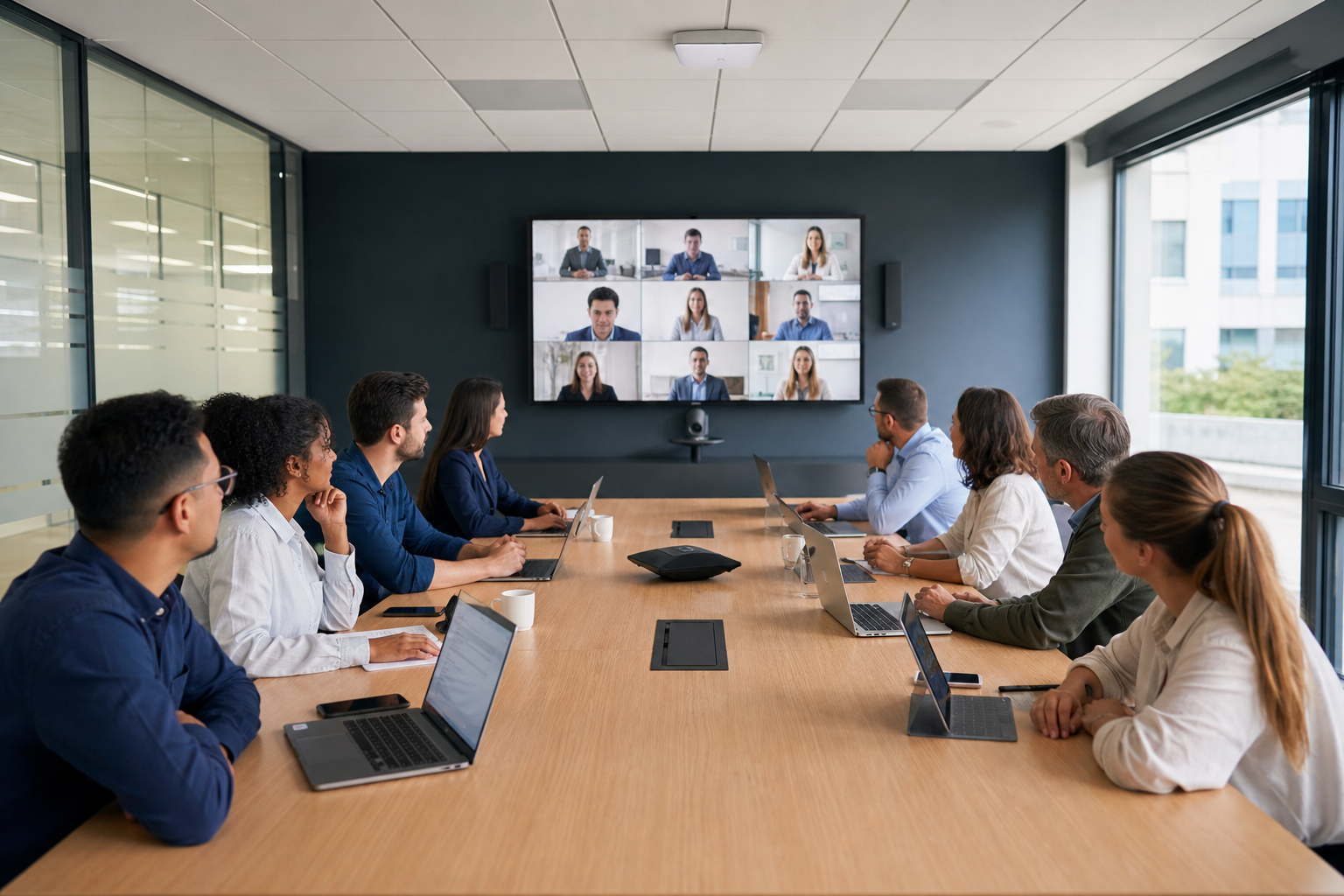Salle de réunion d’entreprise avec plusieurs collaborateurs en visioconférence illustrant la saturation d’un réseau WiFi professionnel
