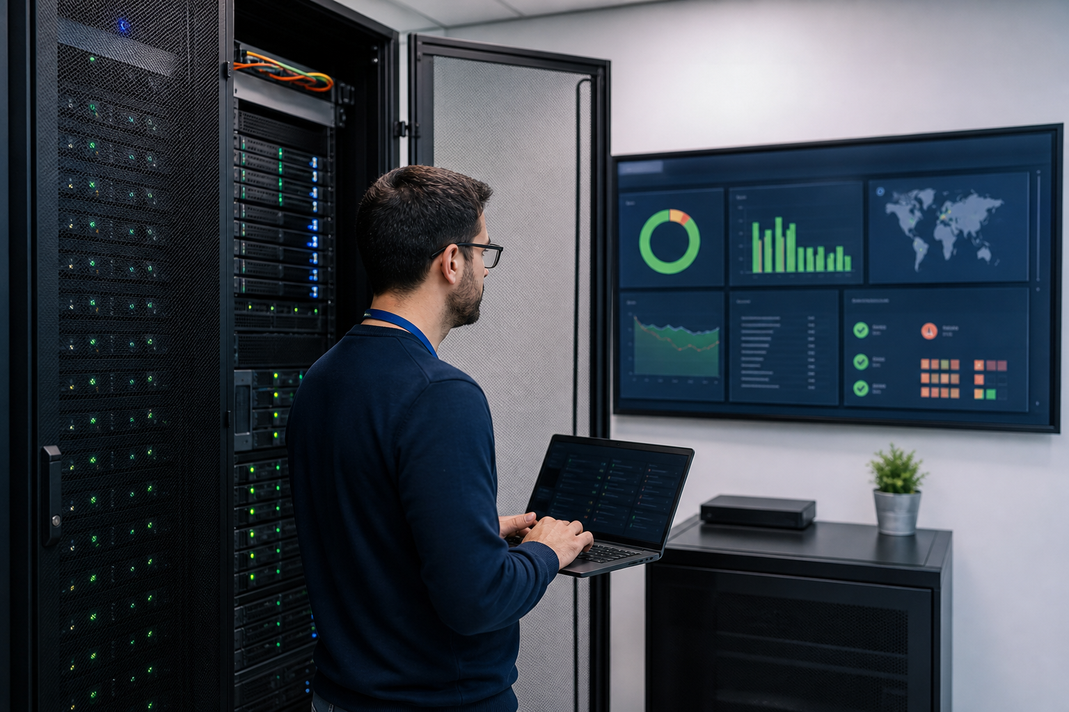 Technicien informatique réalisant une vérification de sauvegarde et de restauration sur une infrastructure serveur d’entreprise avec supervision et alertes
