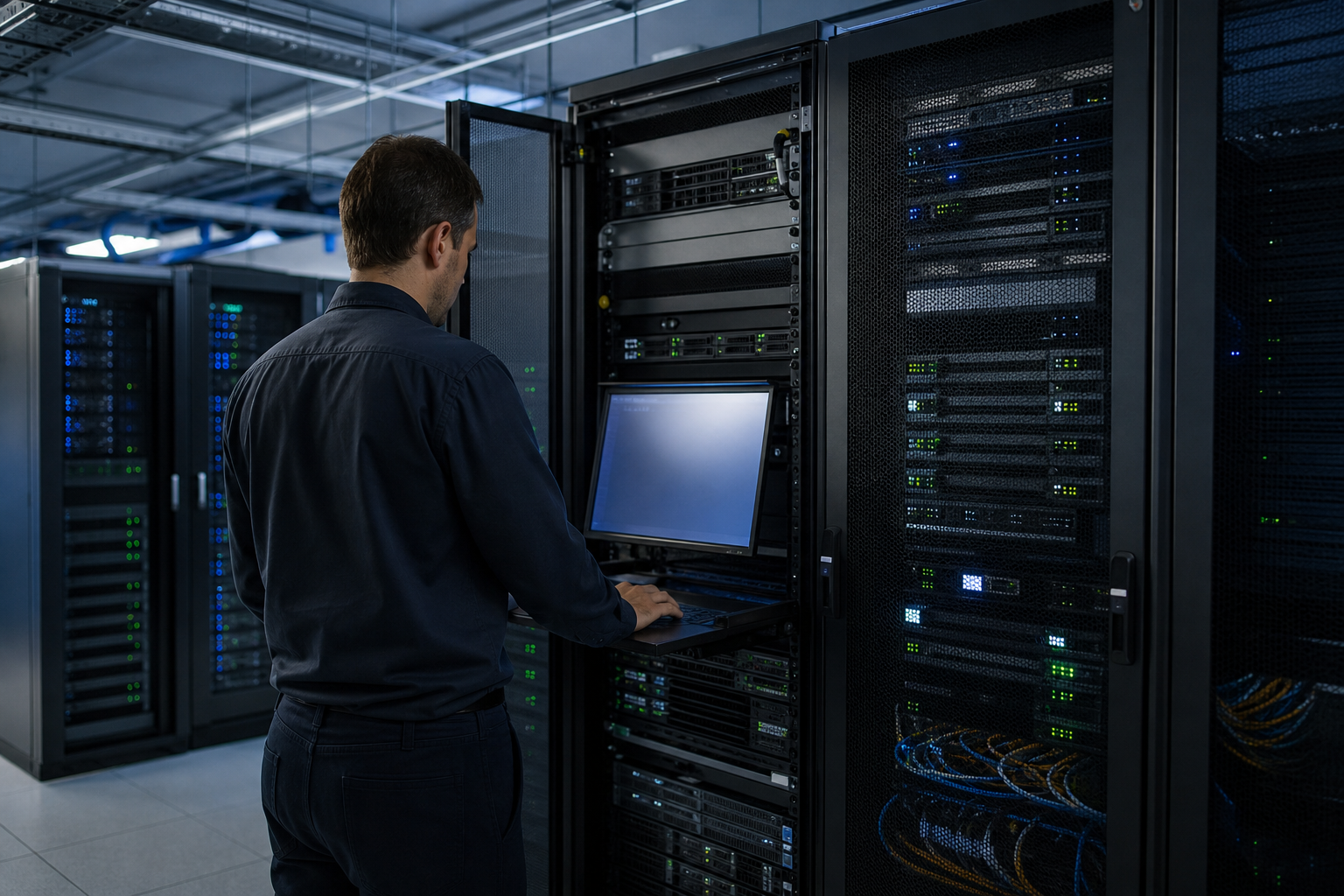 Technicien informatique en salle serveur vérifiant sauvegardes et procédures de restauration sur infrastructure critique d’entreprise
