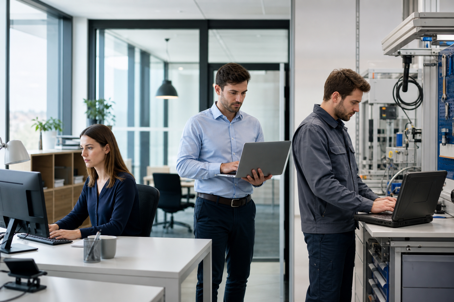 Différents profils utilisateurs en entreprise avec postes informatiques adaptés : bureau, commercial mobile et environnement technique