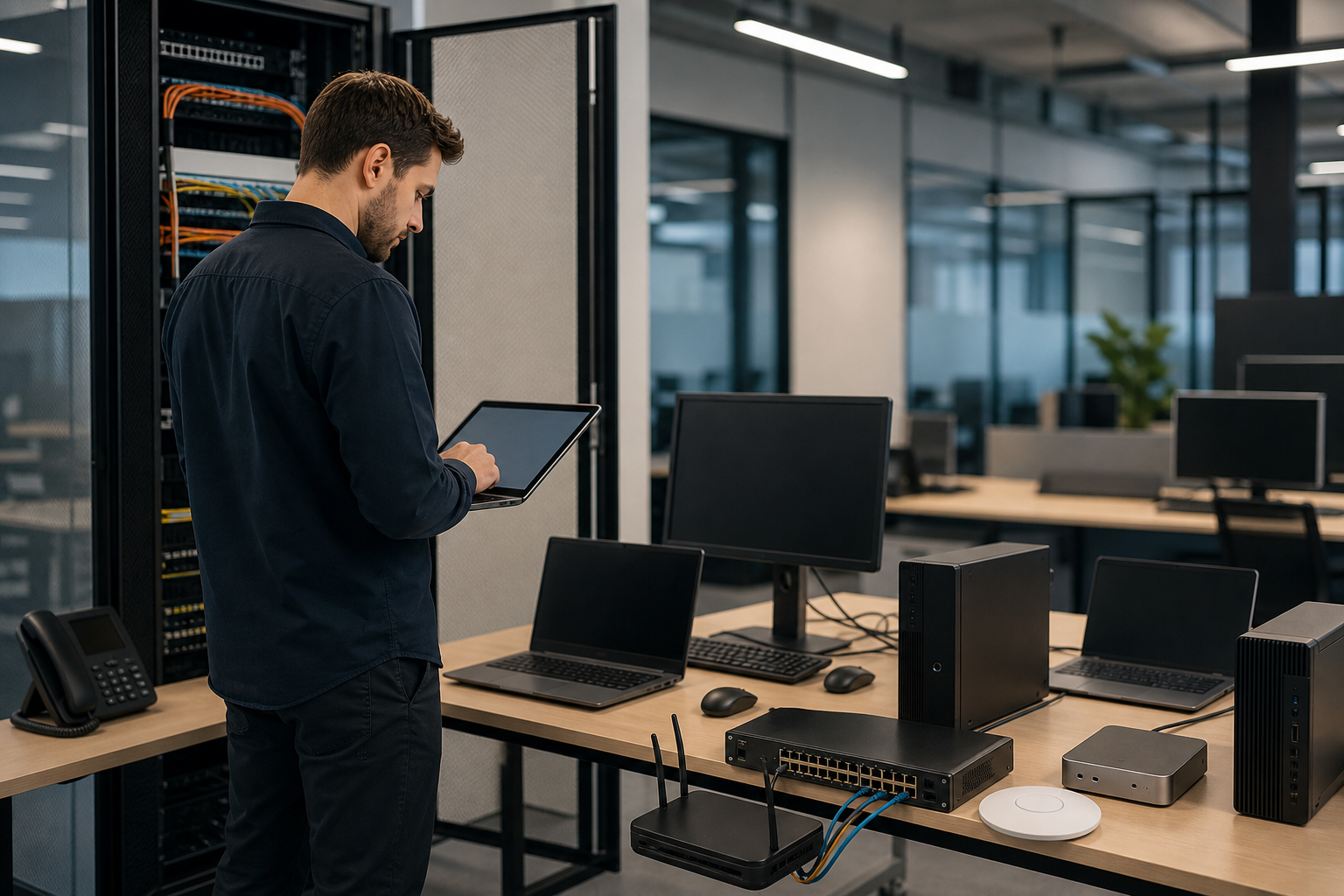 Parc informatique hétérogène en PME avec postes de travail différents, équipements réseau et technicien préparant une standardisation du matériel et des logiciels