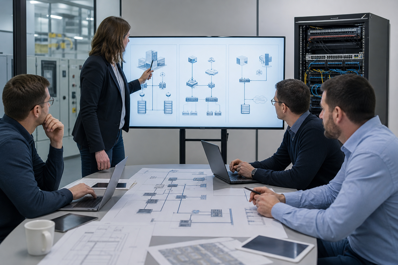 Équipe IT préparant des standards réseau pour différents types de sites avec documentation technique et architecture WAN sécurisée