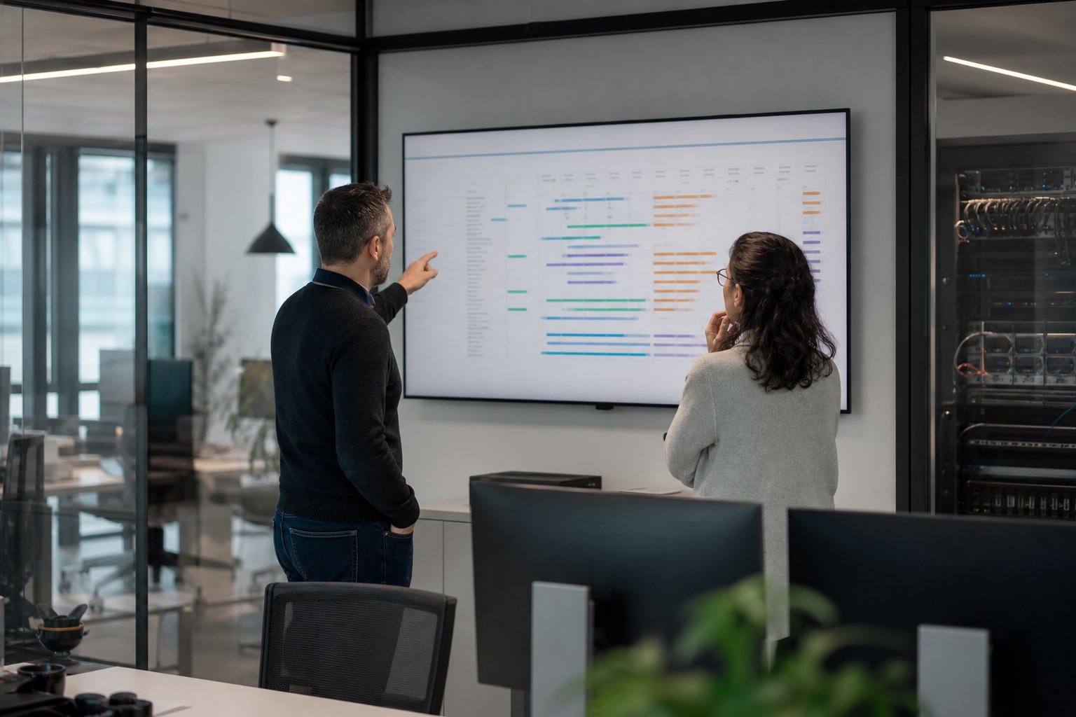 Responsable informatique PME analysant un tableau de suivi des renouvellements IT avec échéances de licences, garanties matérielles et contrats opérateurs