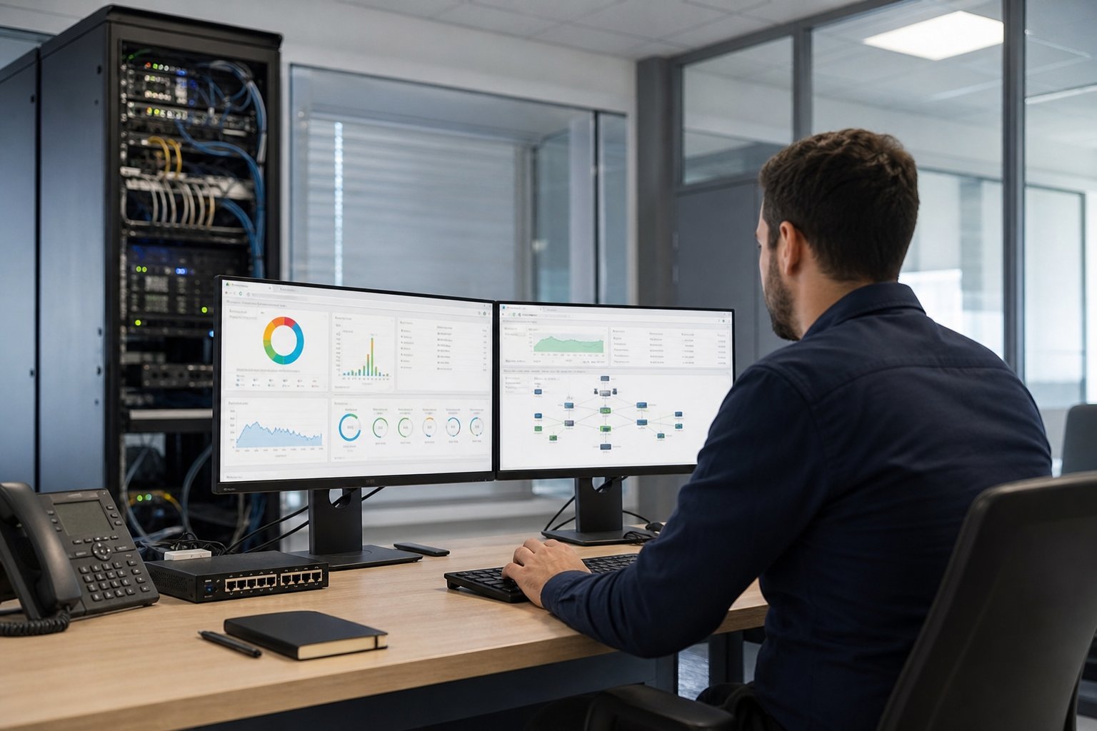 Technicien informatique analysant un parc IT PME sur plusieurs écrans avec inventaire matériel, alertes de supervision et équipements réseau en entreprise