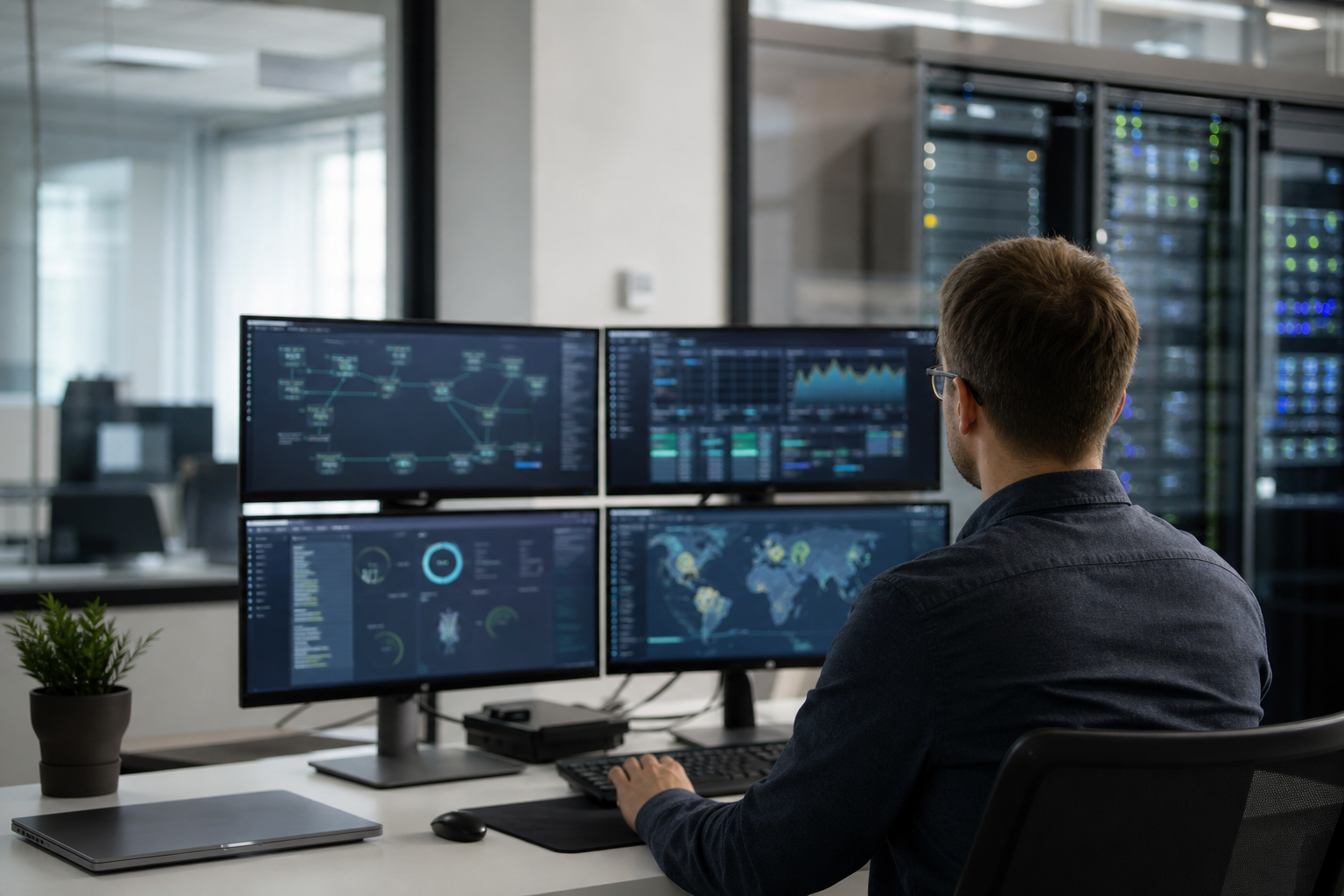 Technicien IT analysant un tableau de supervision sur plusieurs écrans dans une PME pour détecter des alertes réseau, serveurs et sauvegardes