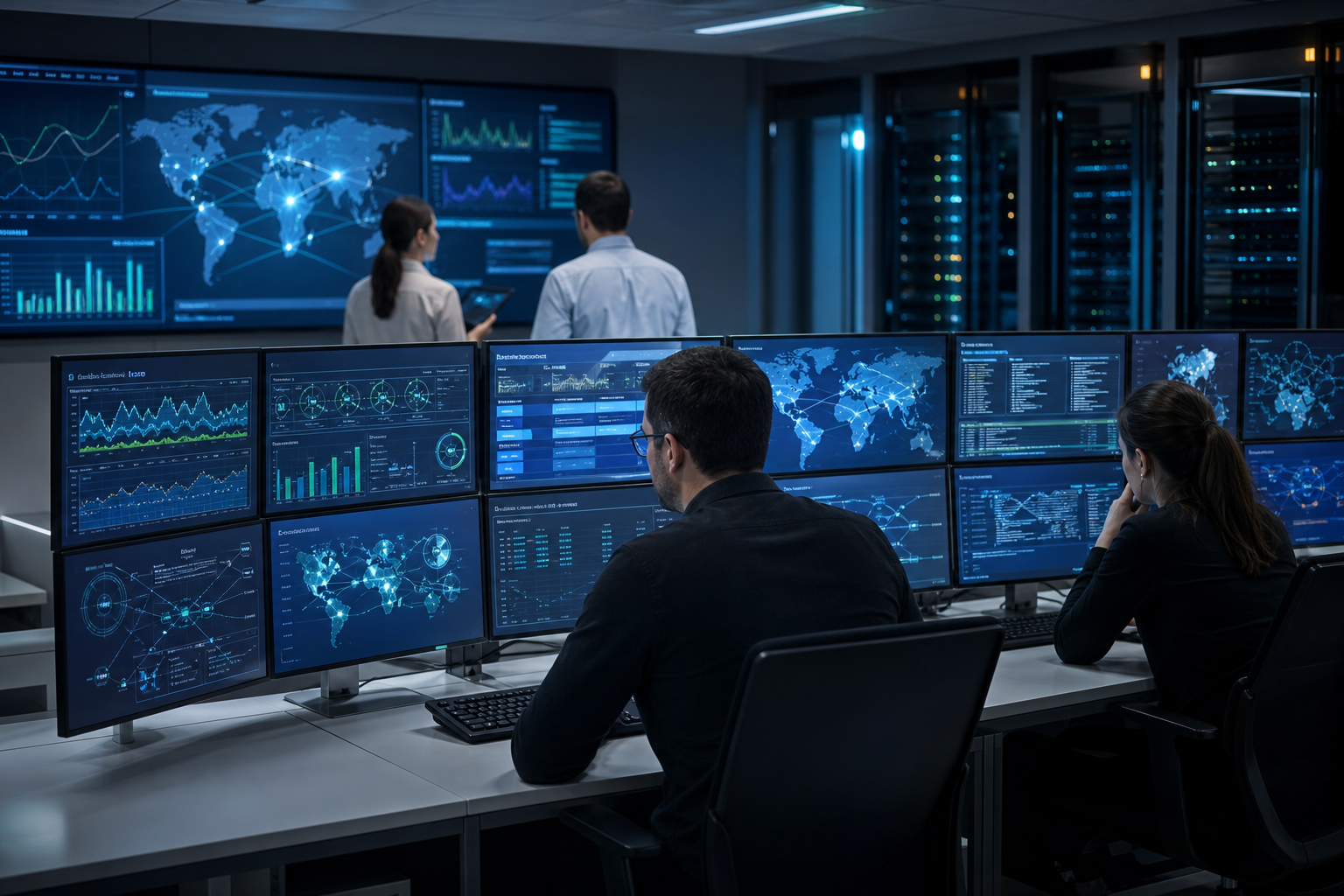 Équipe IT supervisant une infrastructure multi-sites avec alertes réseau, sauvegardes et serveurs pour prévenir les incidents en entreprise