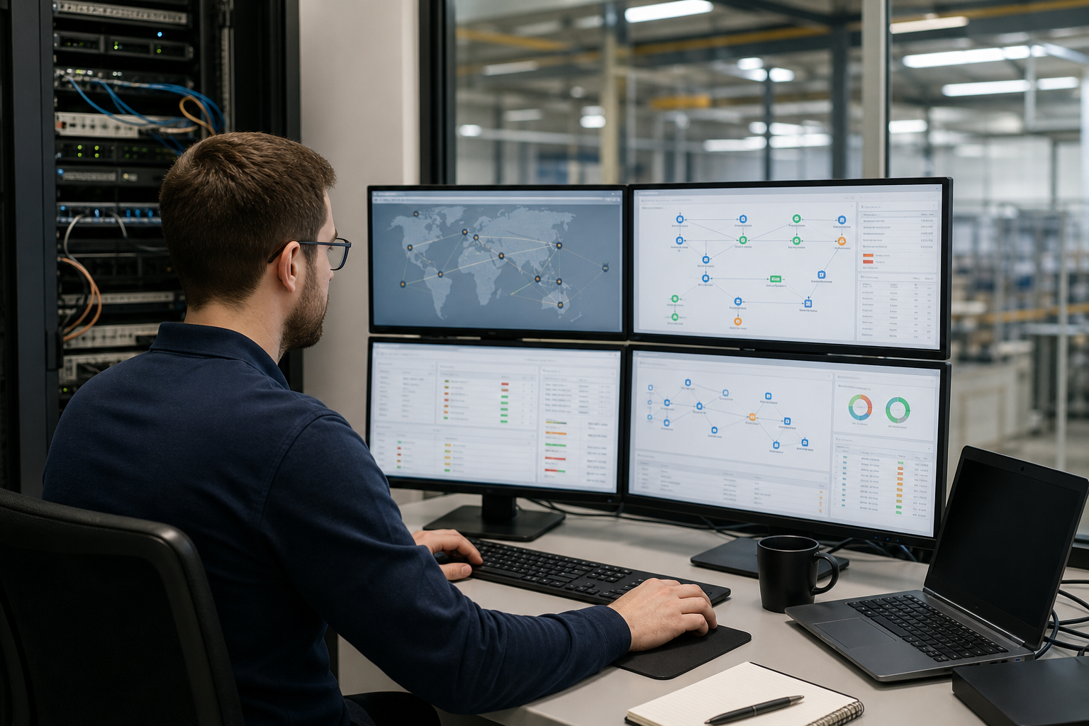 Technicien réseau analysant une infrastructure multi-sites sur écran de supervision dans un environnement industriel et tertiaire