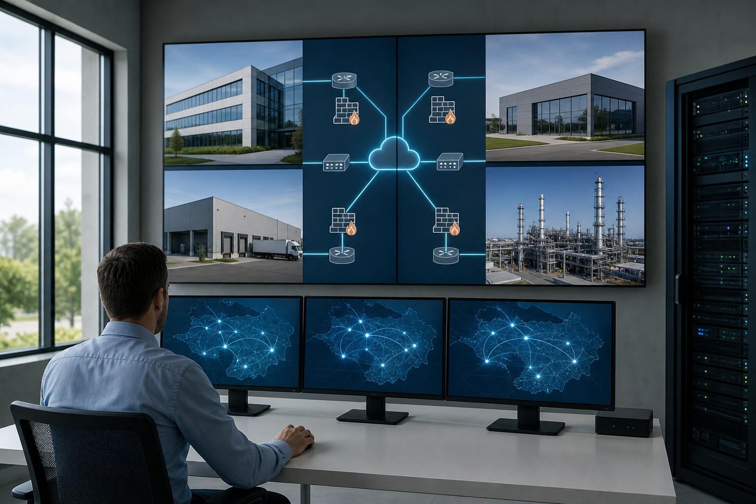 Vue d’un réseau d’entreprise multi-sites avec supervision centralisée, schémas d’interconnexion entre siège, agences et site industriel