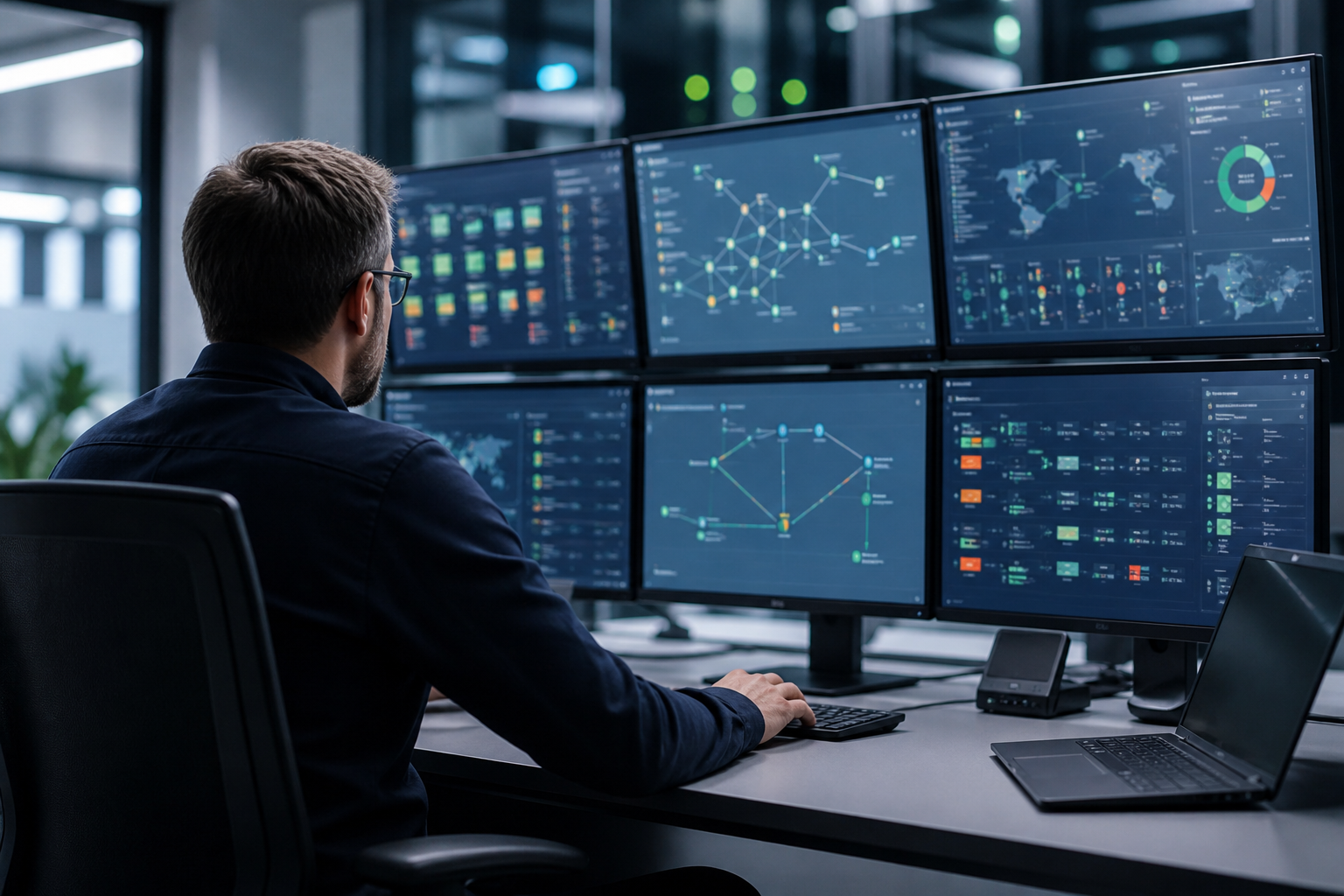 Technicien réseau supervisant des connexions VPN et des liens intersites sur plusieurs écrans dans un contexte d’infogérance multisite