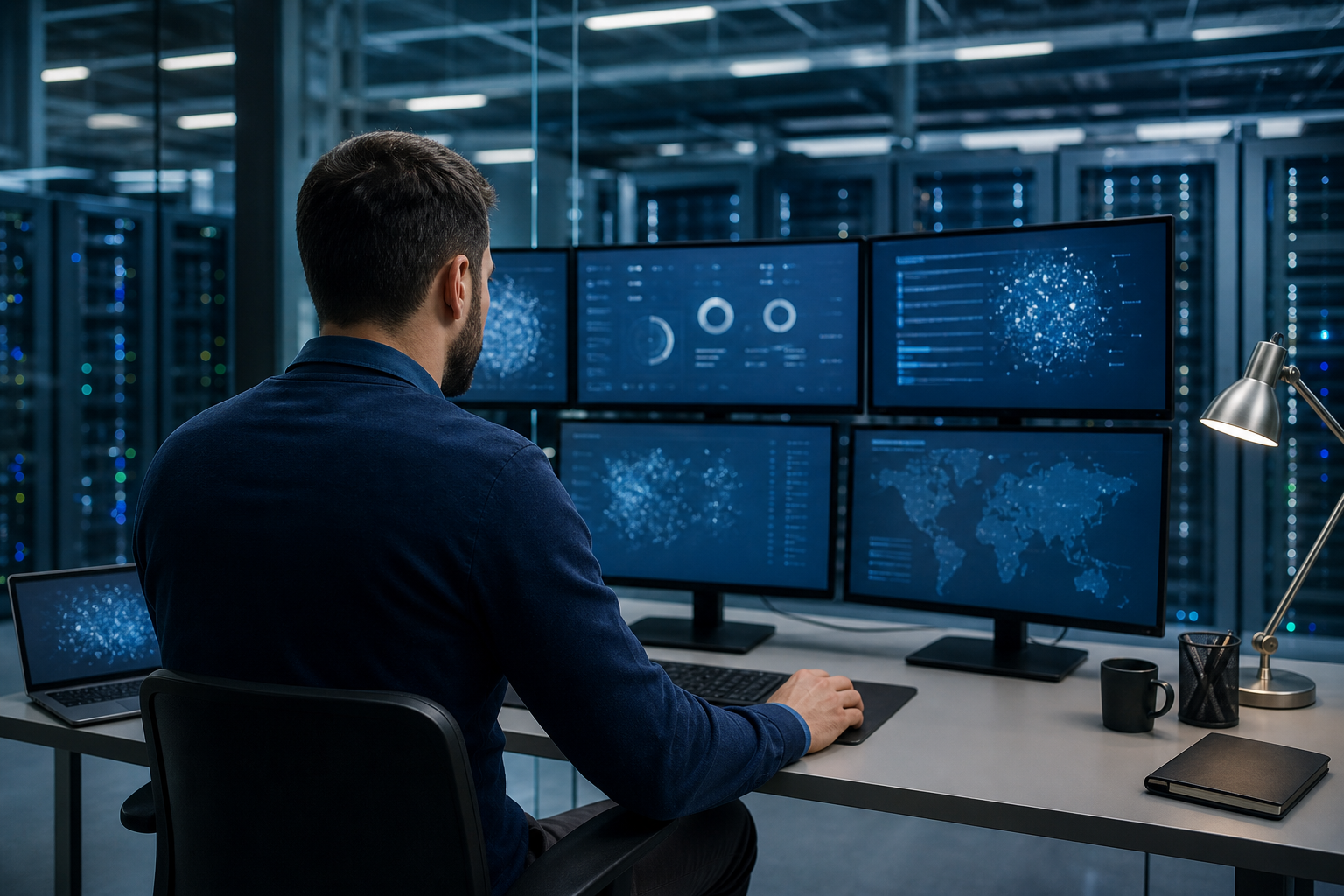 Technicien IT vérifiant la supervision des sauvegardes, de l antivirus et des postes de travail sur plusieurs écrans dans une salle informatique d entreprise