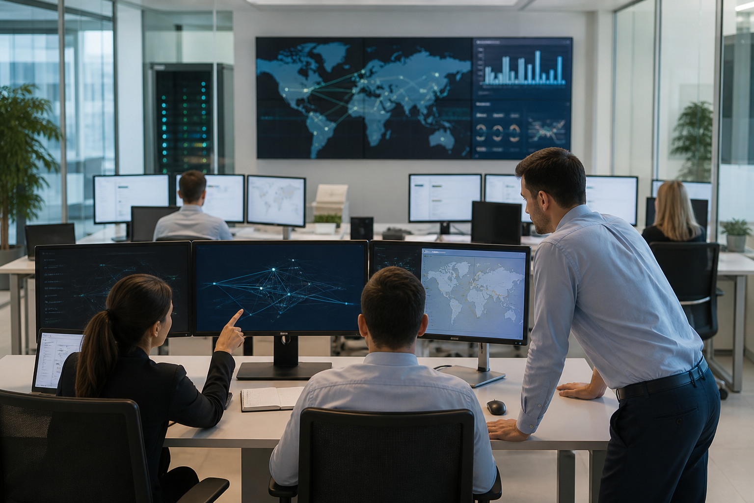 Équipe support IT supervisant l’ouverture d’un nouveau site d’entreprise avec postes utilisateurs, réseau multi-sites et coordination à distance