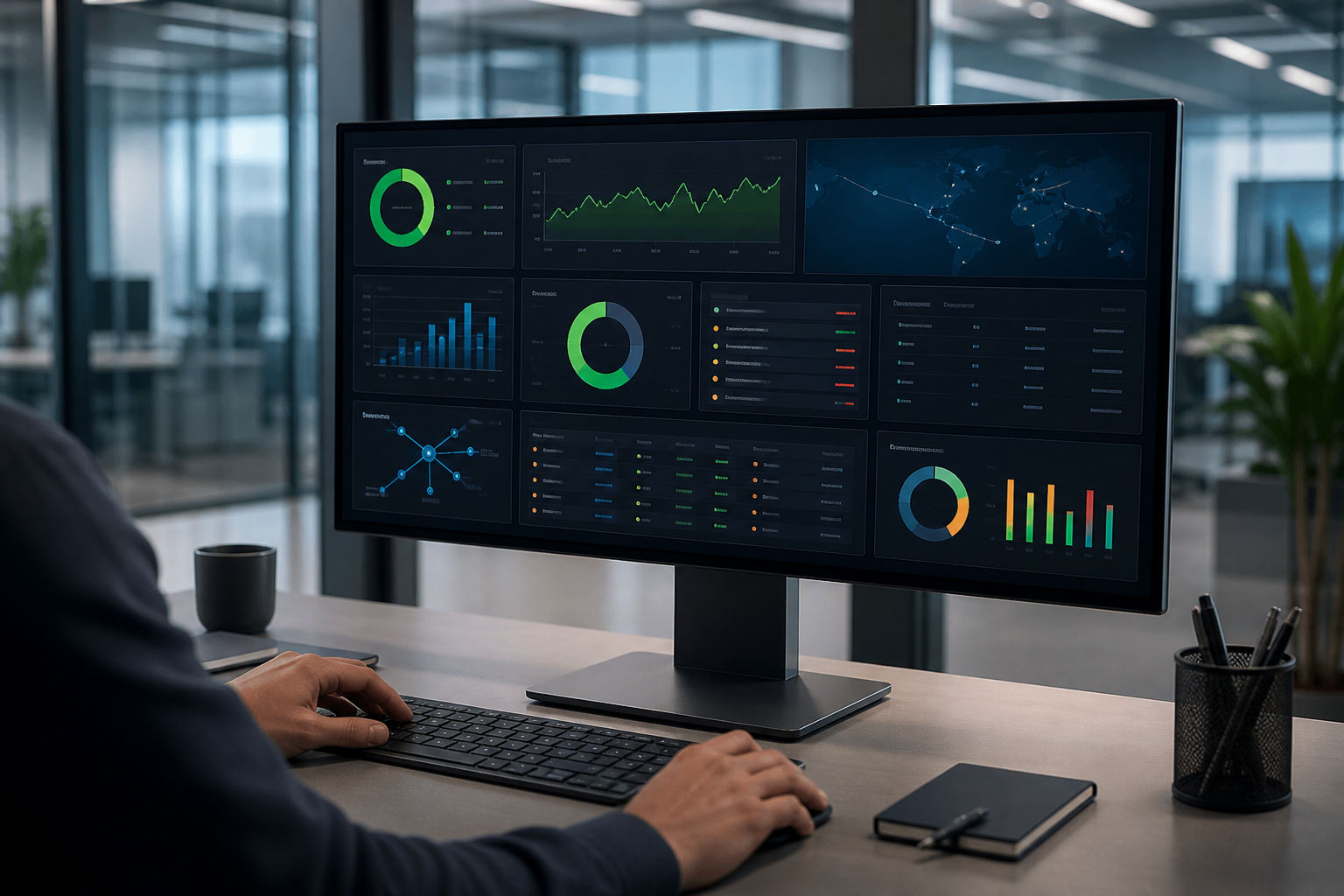 Tableau de bord IT avec indicateurs de disponibilité, incidents réseau, obsolescence du parc et suivi des actions pour une PME multi-sites
