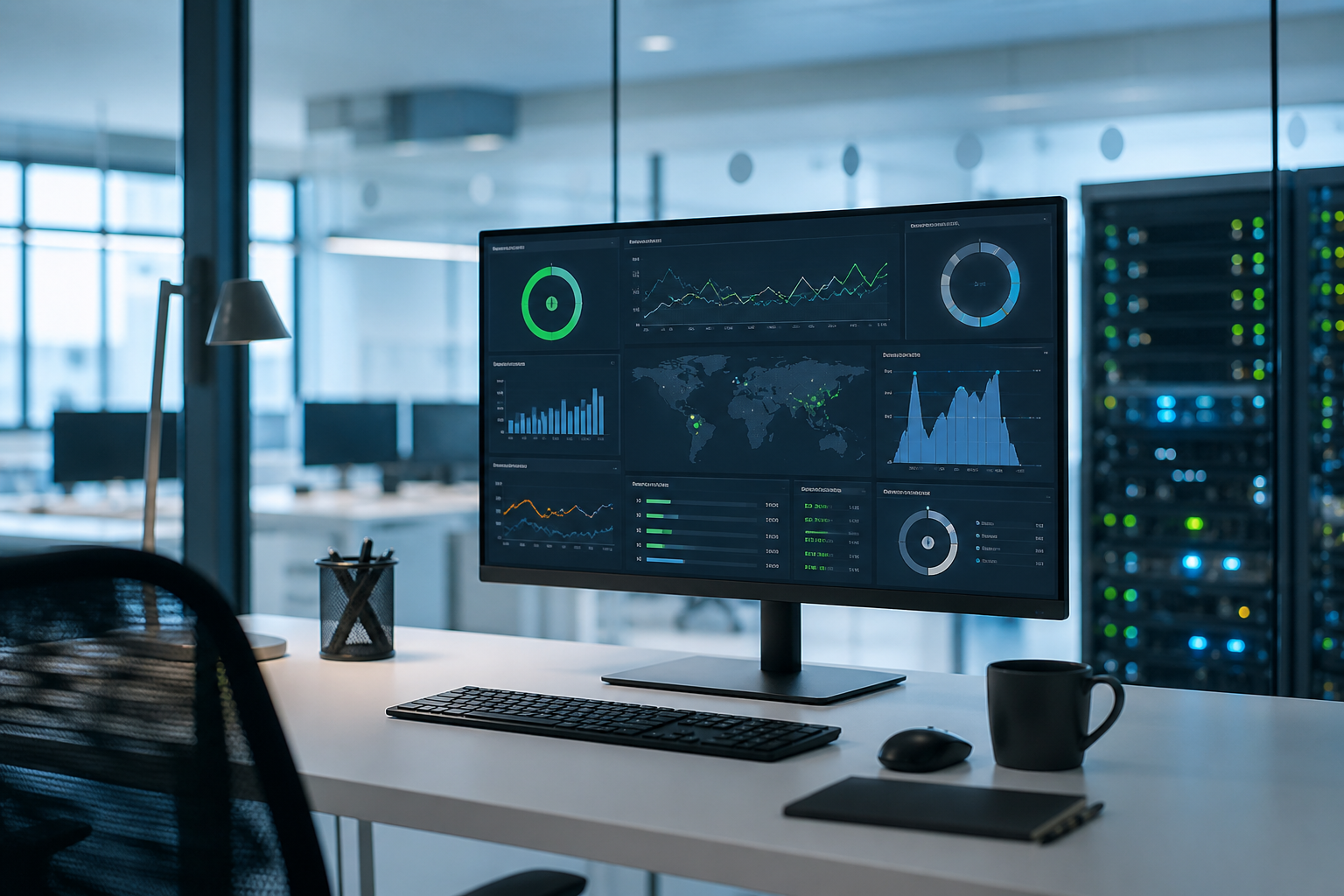 Tableau de bord de supervision IT affichant disponibilité des services, incidents récurrents et performance réseau dans une PME multisite