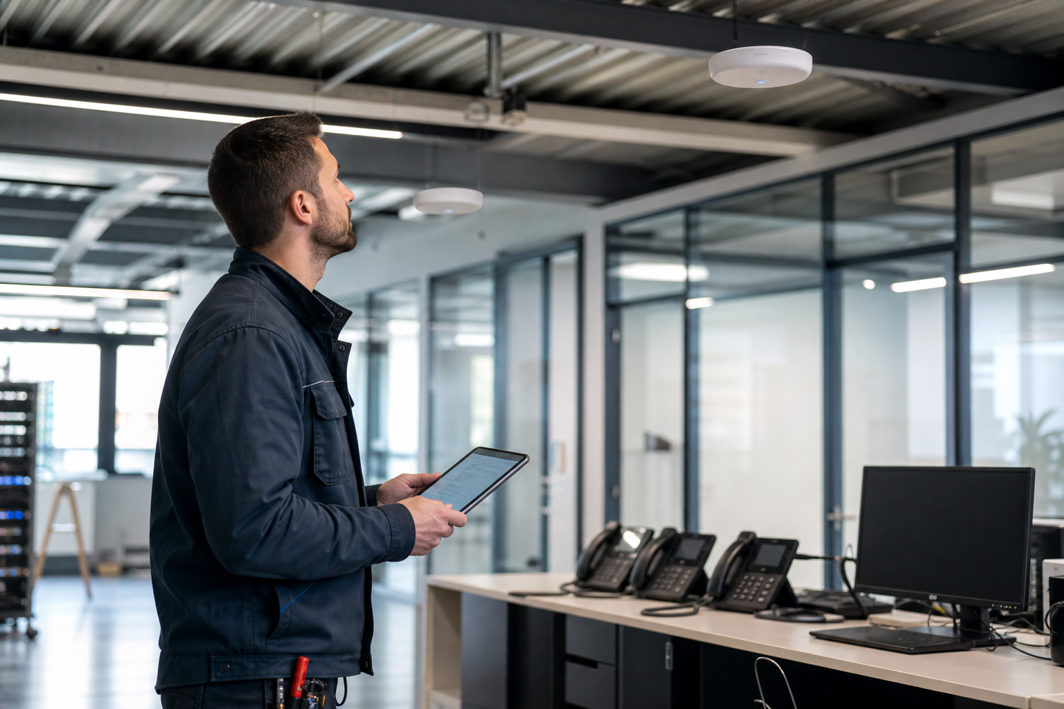 Technicien IT vérifiant le WiFi, la téléphonie IP et la segmentation réseau dans un site professionnel multi-usages