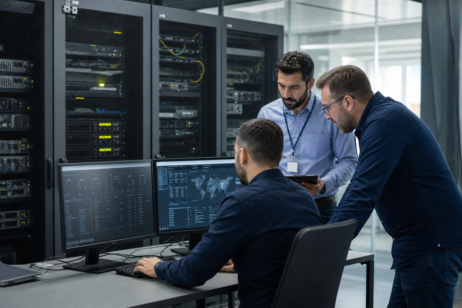 Équipe IT en salle serveur vérifiant un plan de restauration après sauvegarde sur infrastructure virtualisée en PME