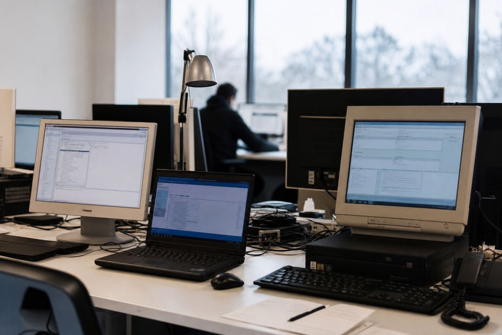 Parc de postes de travail vieillissants en entreprise avec plusieurs ordinateurs professionnels encore en service dans un environnement de bureau IT sobre