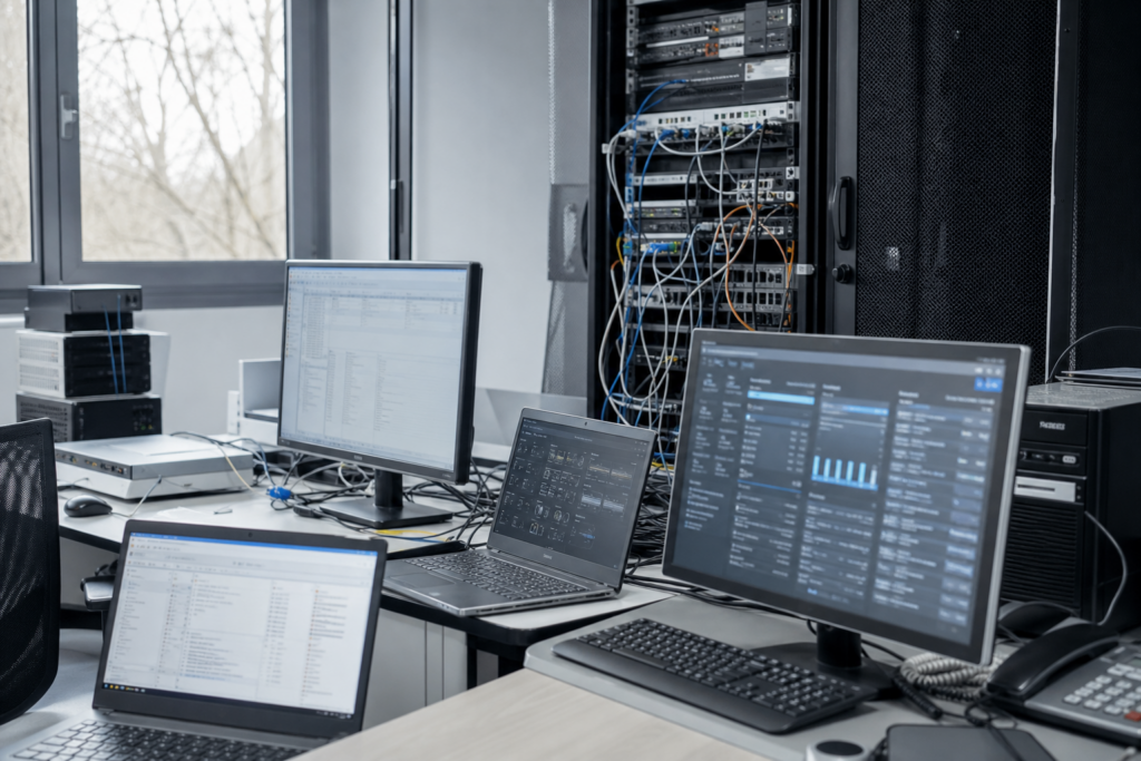 Vue professionnelle d’un parc informatique PME avec postes de travail, équipements réseau, écrans de supervision et infrastructure IT illustrant les angles morts de gestion qui augmentent les incidents et les coûts de support
