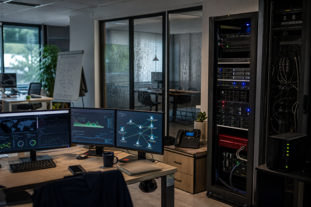 Infrastructure informatique critique d’une PME avec serveurs, équipements réseau, supervision et continuité d’activité en environnement professionnel multi-sites