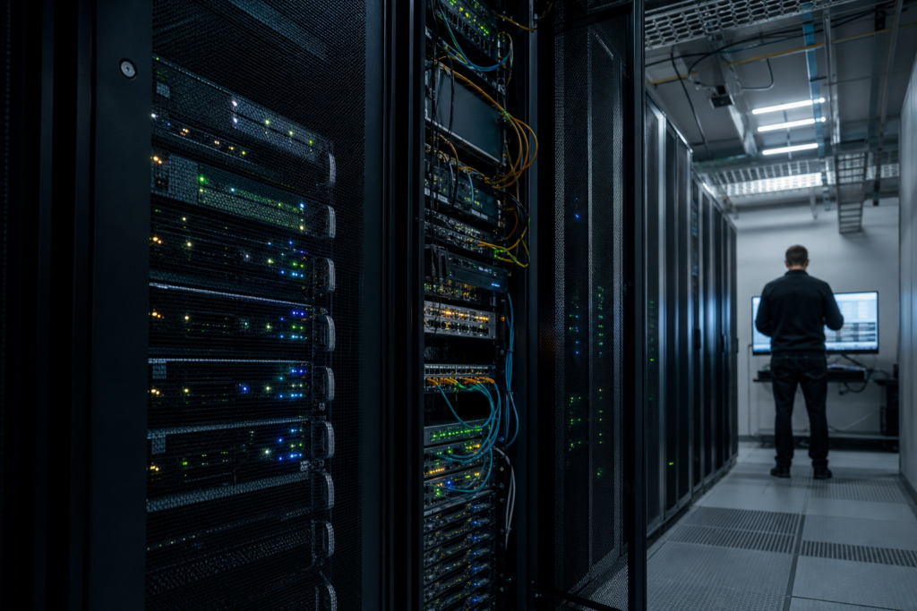 Infrastructure serveur d’entreprise en salle IT avec indicateurs de supervision signalant un risque sur un équipement encore en service