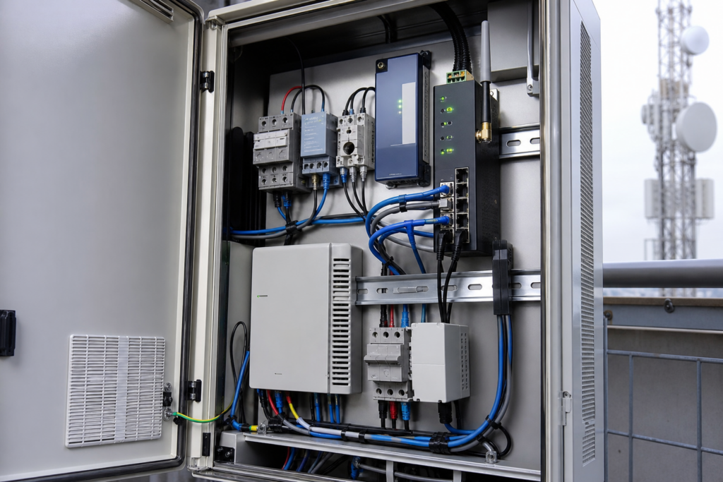 Routeur 4G 5G industriel installé dans une armoire technique avec équipements réseau et supervision sur un site distant