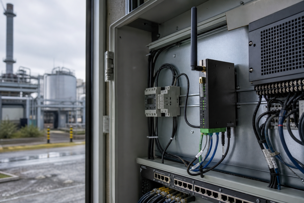 Routeur industriel connecté en 4G/5G avec antenne dans une armoire technique sur un site industriel distant illustrant les enjeux de connectivité SIM M2M, de supervision et de continuité de service