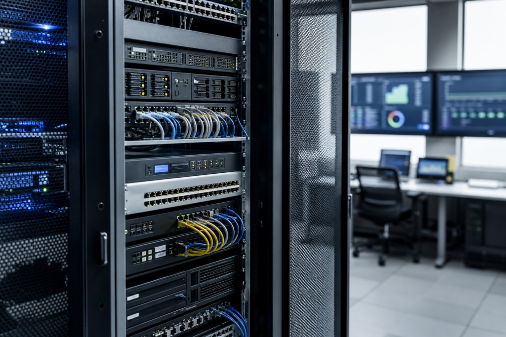 Salle informatique d’entreprise avec baie réseau, serveurs et écrans de supervision affichant des indicateurs techniques dans un contexte de monitoring IT en PME
