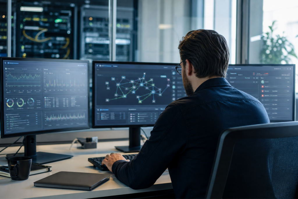 Environnement informatique de PME avec technicien de dos analysant des incidents récurrents sur des écrans de supervision réseau et de tickets helpdesk dans un bureau technique professionnel