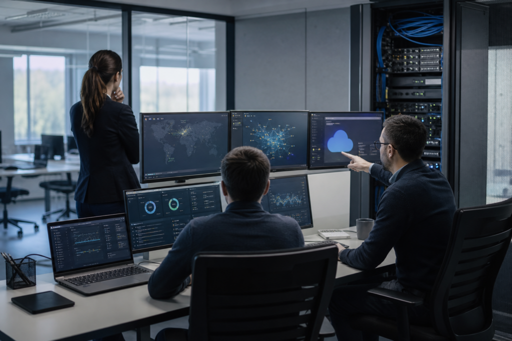 Vue professionnelle d’un environnement informatique en PME avec responsables IT analysant une infrastructure mêlant postes de travail, réseau, serveurs, connectivité multi-sites et services cloud dans un bureau technique moderne