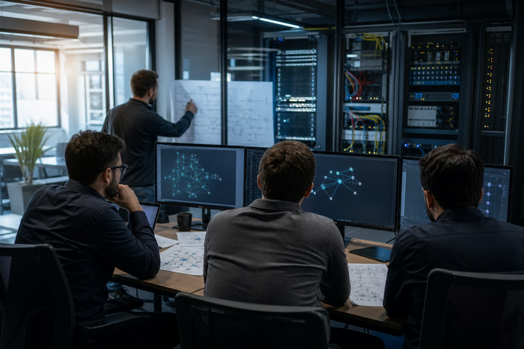 Équipe IT en entreprise analysant une infrastructure réseau et une documentation technique lors d’un incident majeur ou d’un changement de prestataire