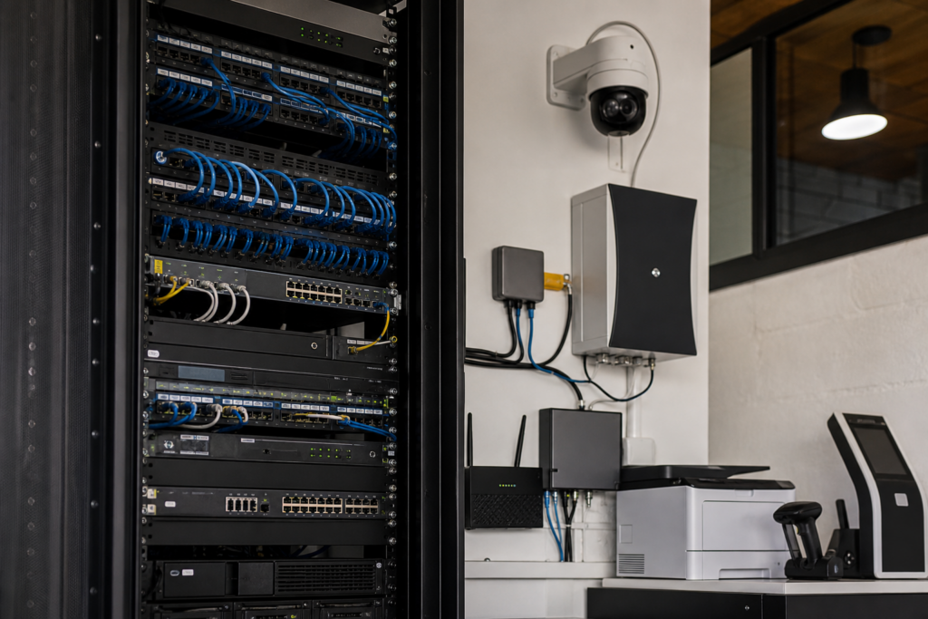 Équipements connectés oubliés sur un réseau d’entreprise avec baie informatique, switchs, câblage et périphériques comme imprimante, caméra IP et borne technique dans un environnement professionnel