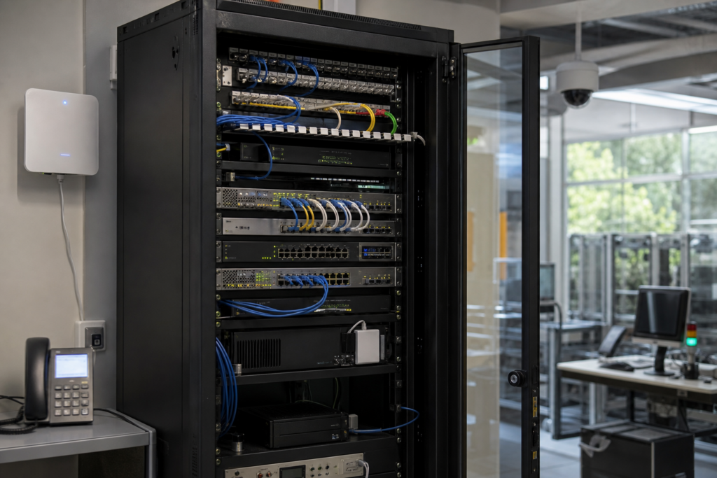 Infrastructure réseau d’entreprise avec baie informatique, switches administrables, câblage structuré et équipements connectés dans un environnement professionnel