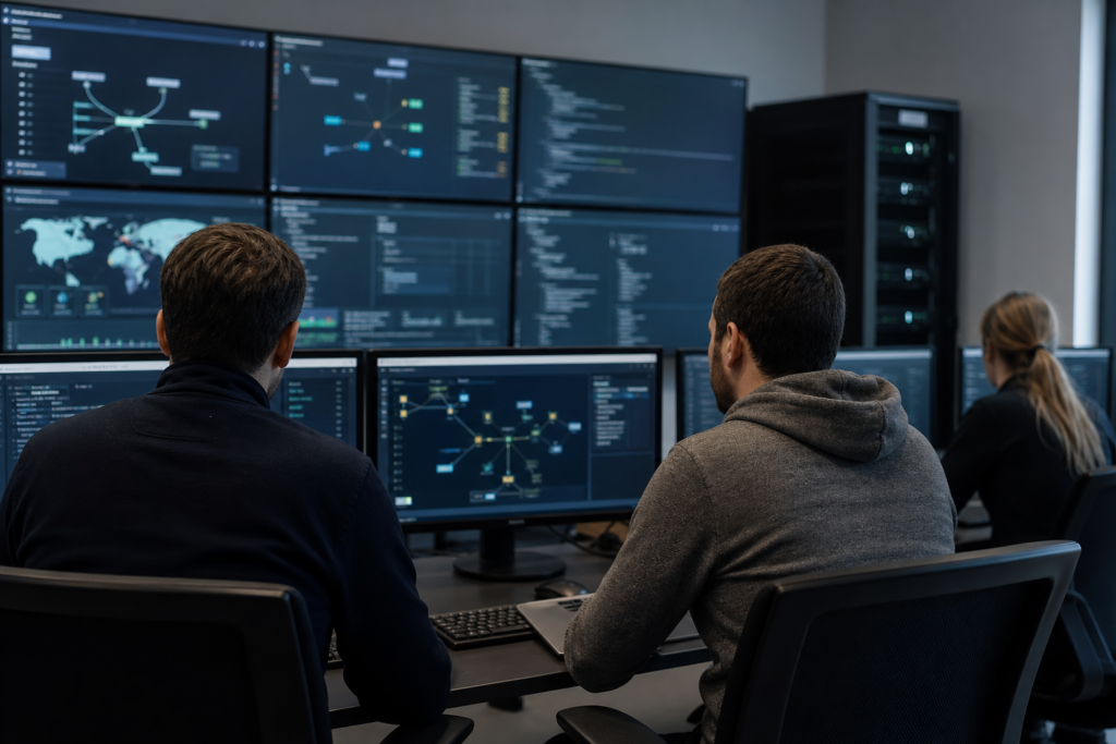Équipe IT en entreprise supervisant une migration de messagerie avec vérification des flux e-mail, des paramètres DNS et des postes utilisateurs dans un environnement professionnel