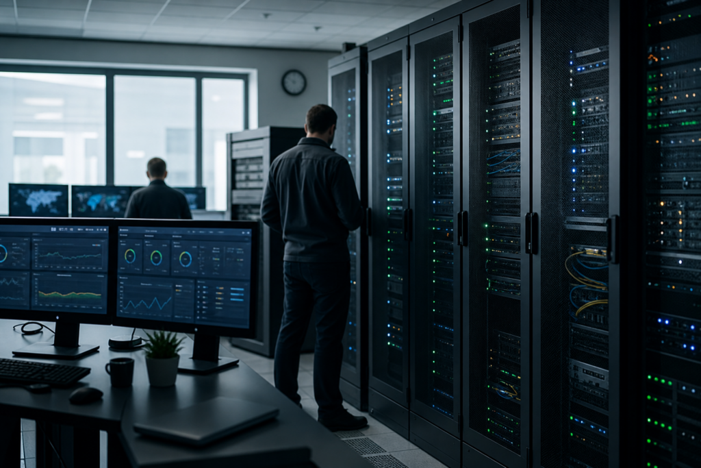 Infrastructure IT d’entreprise avec serveurs, supervision et scénario de restauration après sauvegarde dans un contexte de continuité d’activité PME