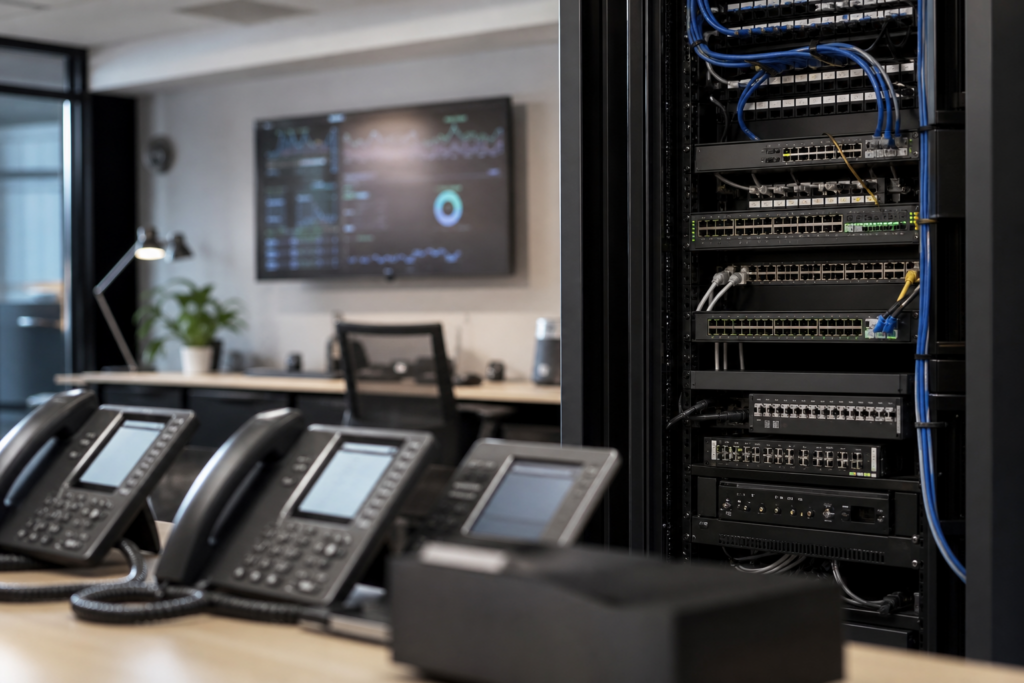 Infrastructure de téléphonie d’entreprise et réseau informatique dans une PME lors de la préparation d’une migration de standard vers une solution IP ou cloud