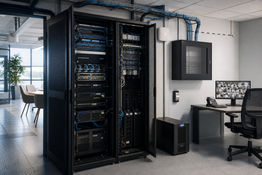 Infrastructure IT préparée pour l’ouverture d’un nouveau site d’entreprise avec baie réseau, connectivité sécurisée, WiFi et équipements télécom en environnement professionnel