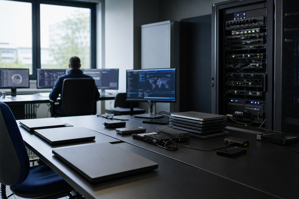 Vue professionnelle d’un parc informatique d’entreprise avec postes de travail, tableaux de suivi, équipements réseau et supervision technique dans un environnement bureautique moderne
