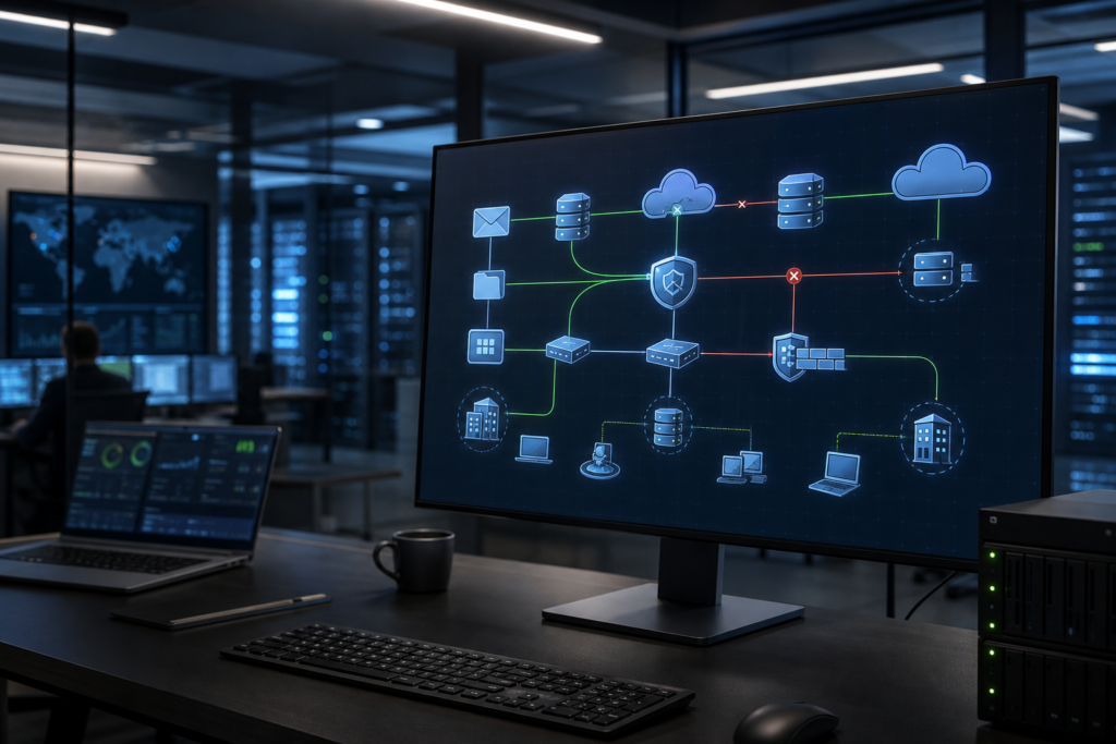 Vue professionnelle d’une cartographie des dépendances critiques d’un système d’information en PME multi-sites avec réseau, VPN, messagerie, fichiers, applications et connectivité intersites