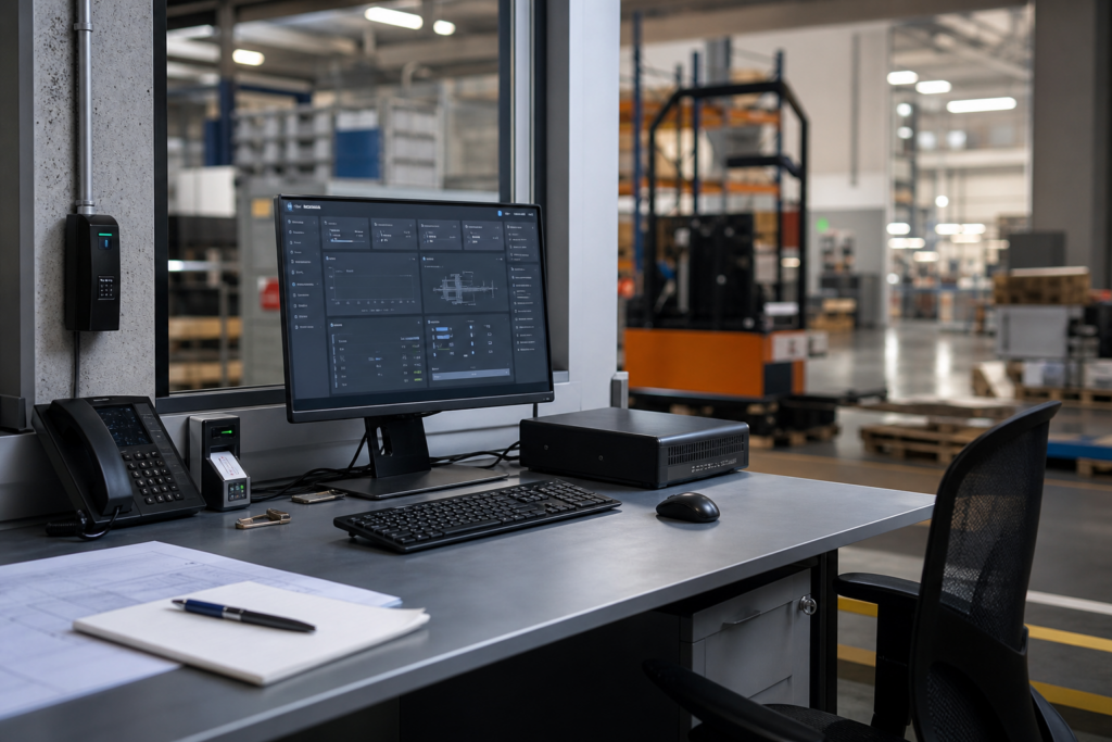 Poste informatique partagé sécurisé dans un environnement PME entre accueil, atelier et production, avec interface métier et accès encadré
