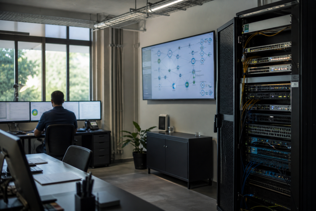 Vue réaliste d’un environnement IT d’entreprise avec postes, baie réseau, routeur, switch et interfaces d’inventaire illustrant la visibilité incomplète des équipements, comptes et services