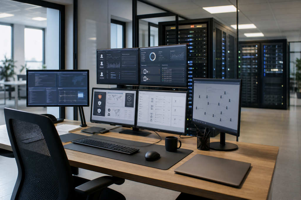 Poste de travail professionnel en PME illustrant la maîtrise des droits administrateur locaux et la sécurisation d’un point d’accès au système d’information