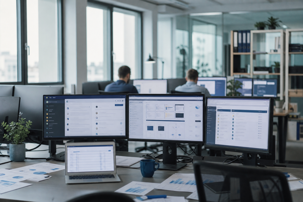 Environnement Microsoft 365 en PME affiché sur plusieurs écrans avec messagerie, espaces collaboratifs et arborescences documentaires en cours de réorganisation