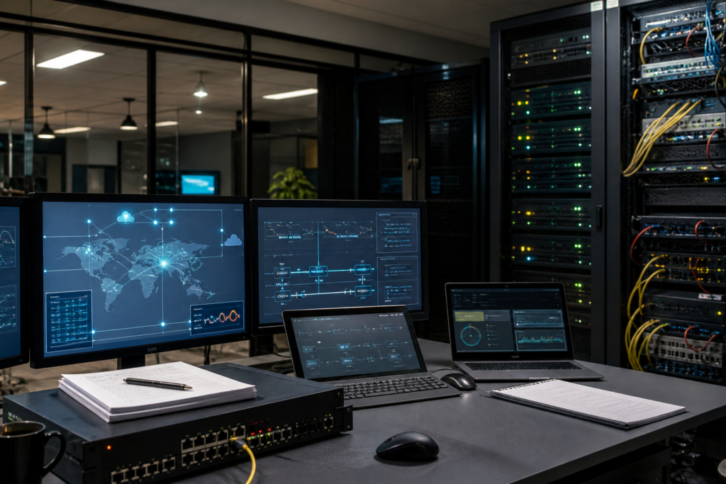 Infrastructure réseau d’entreprise avec firewall, supervision des flux, VPN multi-sites et analyse de configuration avant renouvellement